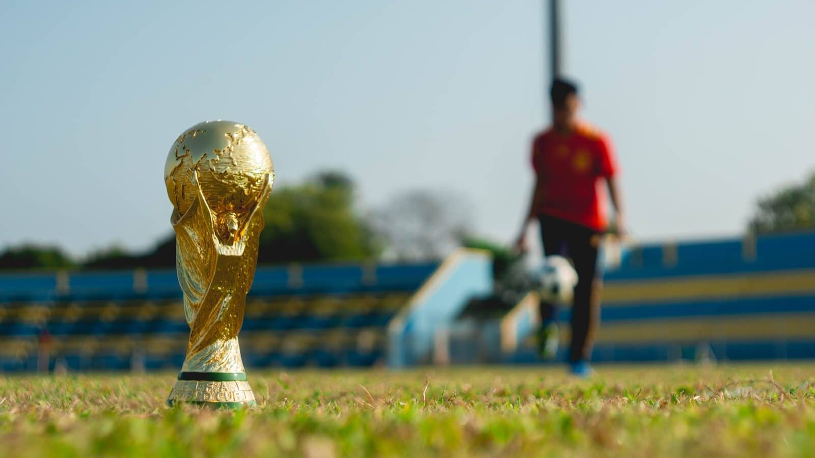 selective focus photography of gold-colored trophy on grass field during daytime